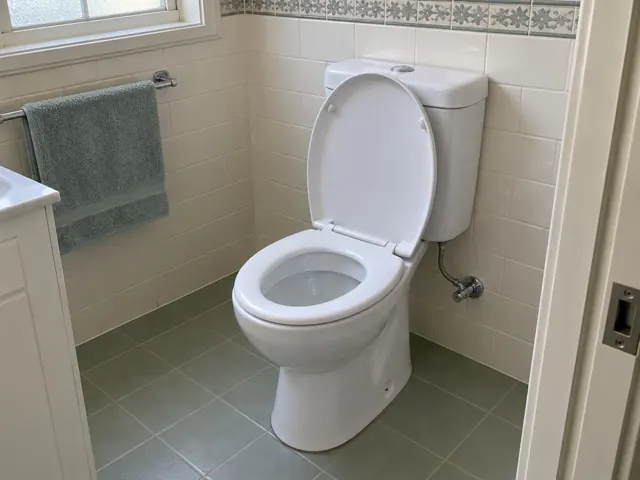 Clean white toilet in a tiled bathroom with towel rail and window in Homebush